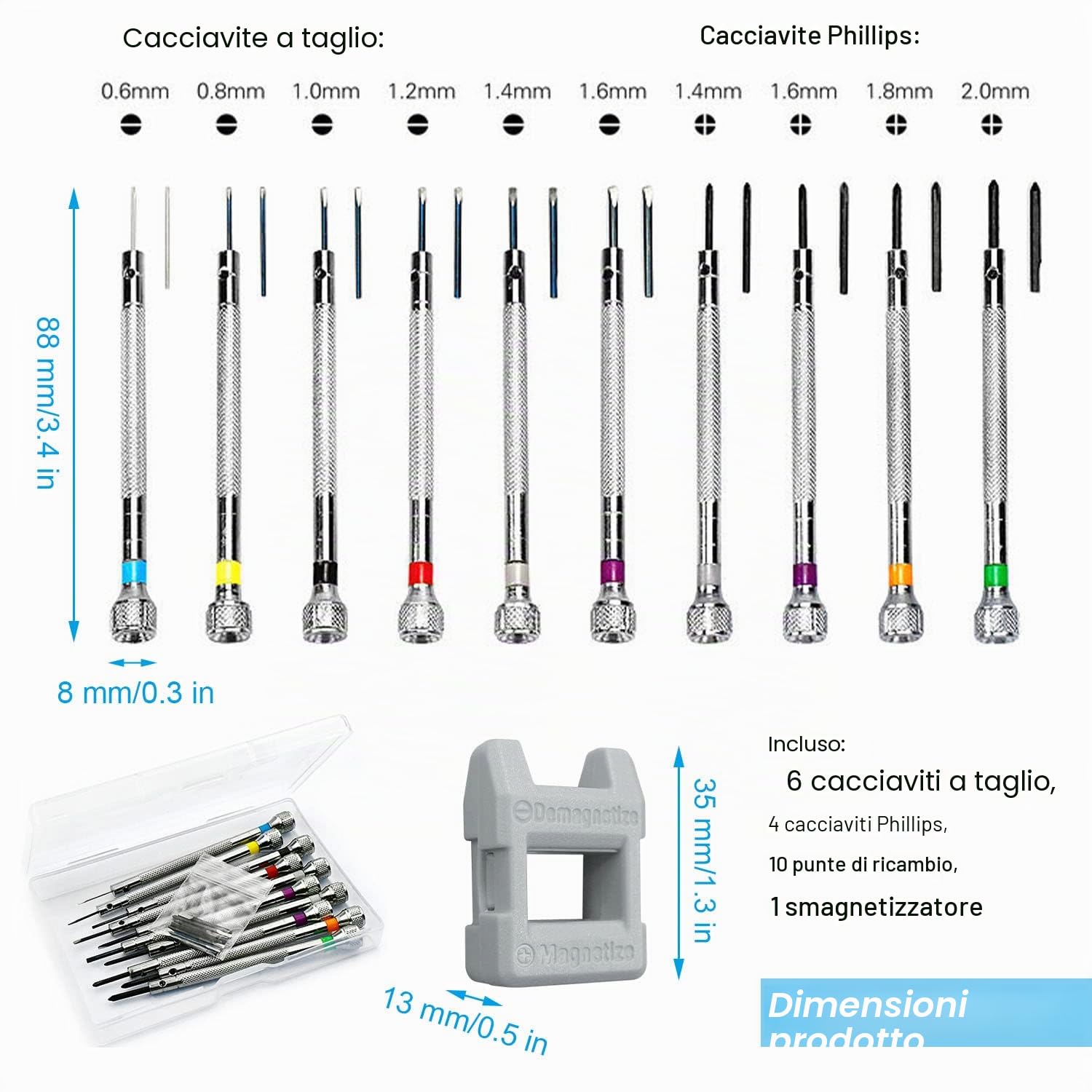 Cacciaviti di Precisione Orologiaio, 10 Pezzi, 0.6 - 2.0 mm, Kit con Smagnetizzatore, Giraviti per Riparazione Elettronica di Orologi