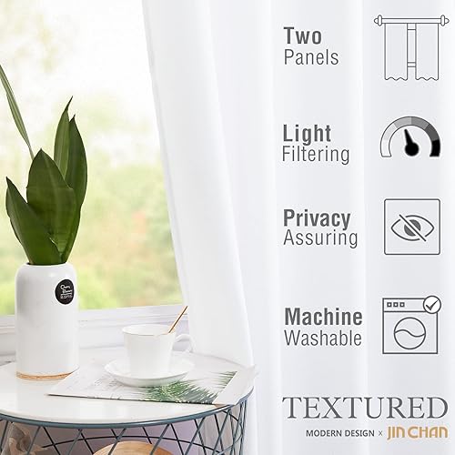 Miniatura 4 de jinchan Cortinas blancas para sala de estar, cortina de ventana texturizada en relieve de 63 pulgadas de largo, elegante cortina de seda sintética