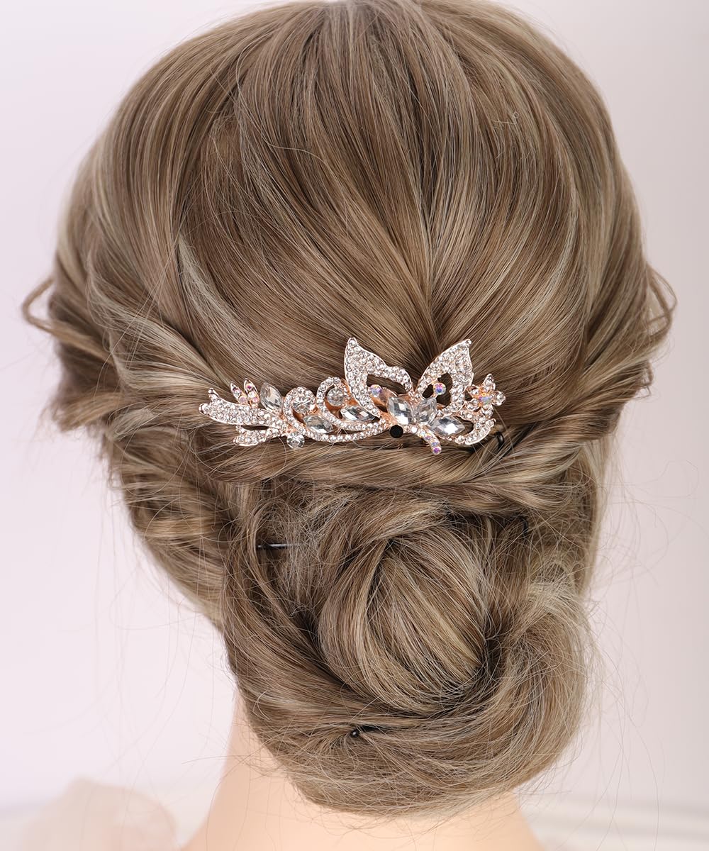 Chargances Bride Crystal French Flower Hair Comb Sparkly Leaf Rhinestone Side Combs with Long Teeth Wedding Hair Accessories for Women (Silver)