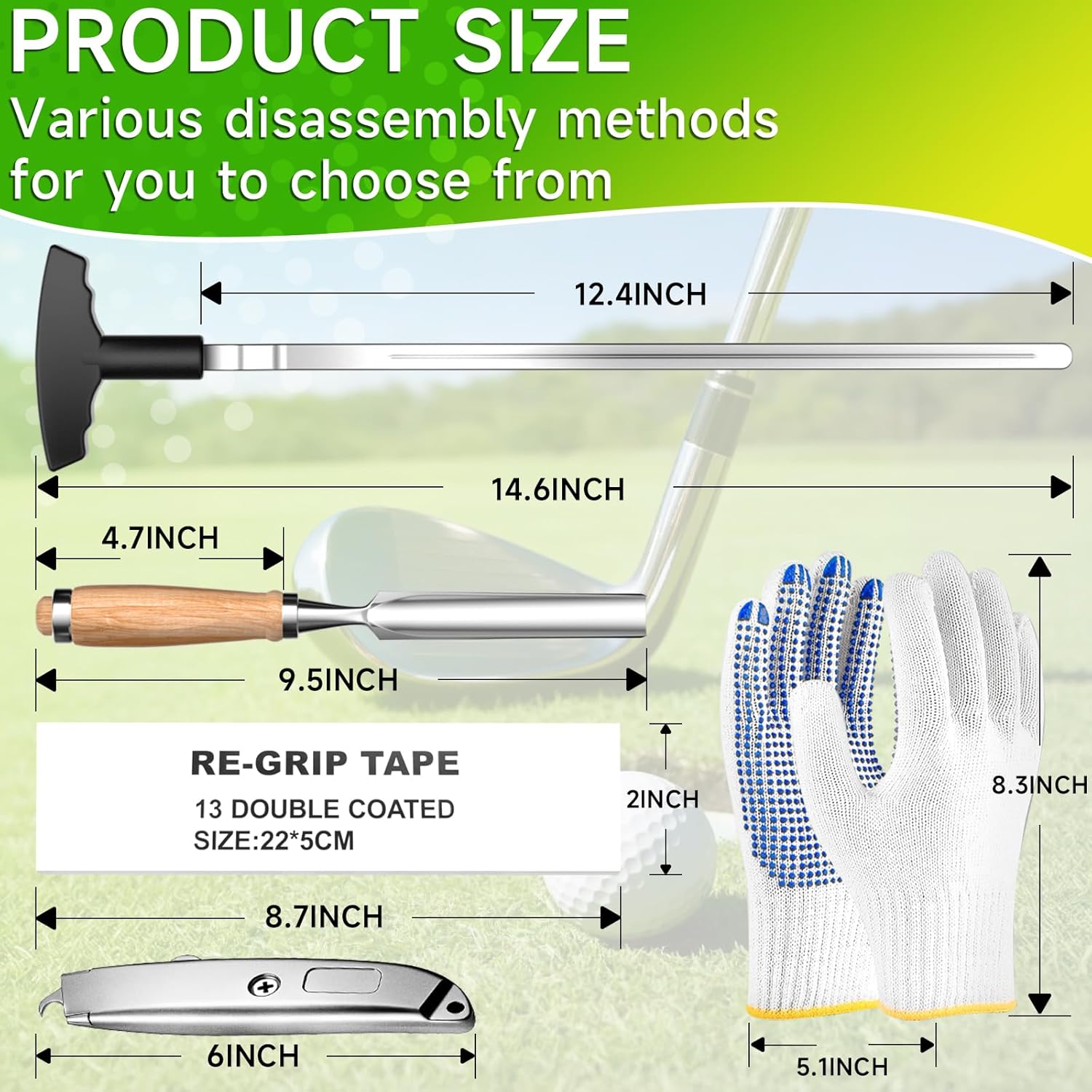 Golf Grip Removal Tool, 12" Golf Grip Remover Saver Gripping Tool for Swinging Grips, High-Carbon Steel Golf Club Grip Repair Kits, Include Tape Remover, Gloves, Hook Knife, Tape Strips