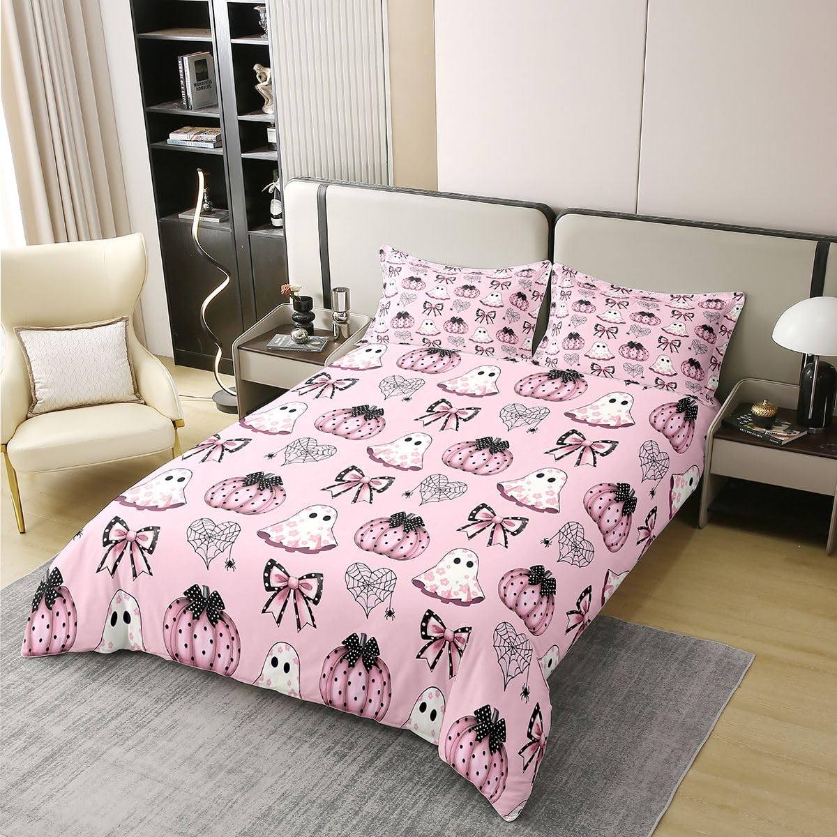 Loussiesd Happy Halloween Copripiumino 100% Cotone Letto King per Bambini | Set di biancheria da letto floreale rosa a pois con fiocco fantasma zucca cuore ragnatela floreale 2 pezzi decorazione