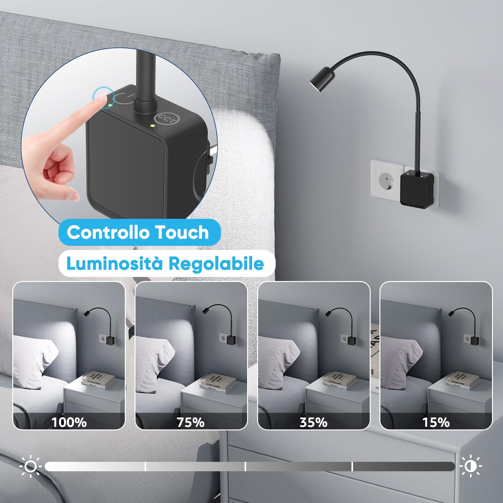 Lampada Applique da Parete da Lettura Faretto LED Dimmerabile Nera con Spina per Leggere a Letto, Due Interruttore Tocchi, 3 Colore Illuminazione, Angolo di Luce 50°, Confezione da 2