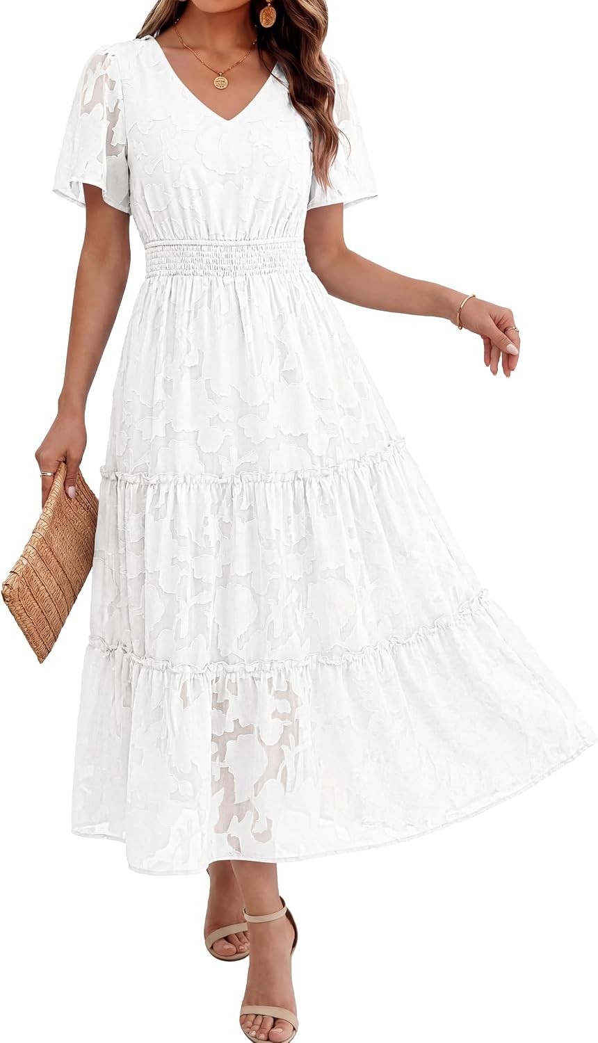 Caracilia Womens 2026 Spring Wedding Guest Maxi Dress Summer Boho Floral Short Sleeve V Neck Beach Vacation Tea Party Dresses