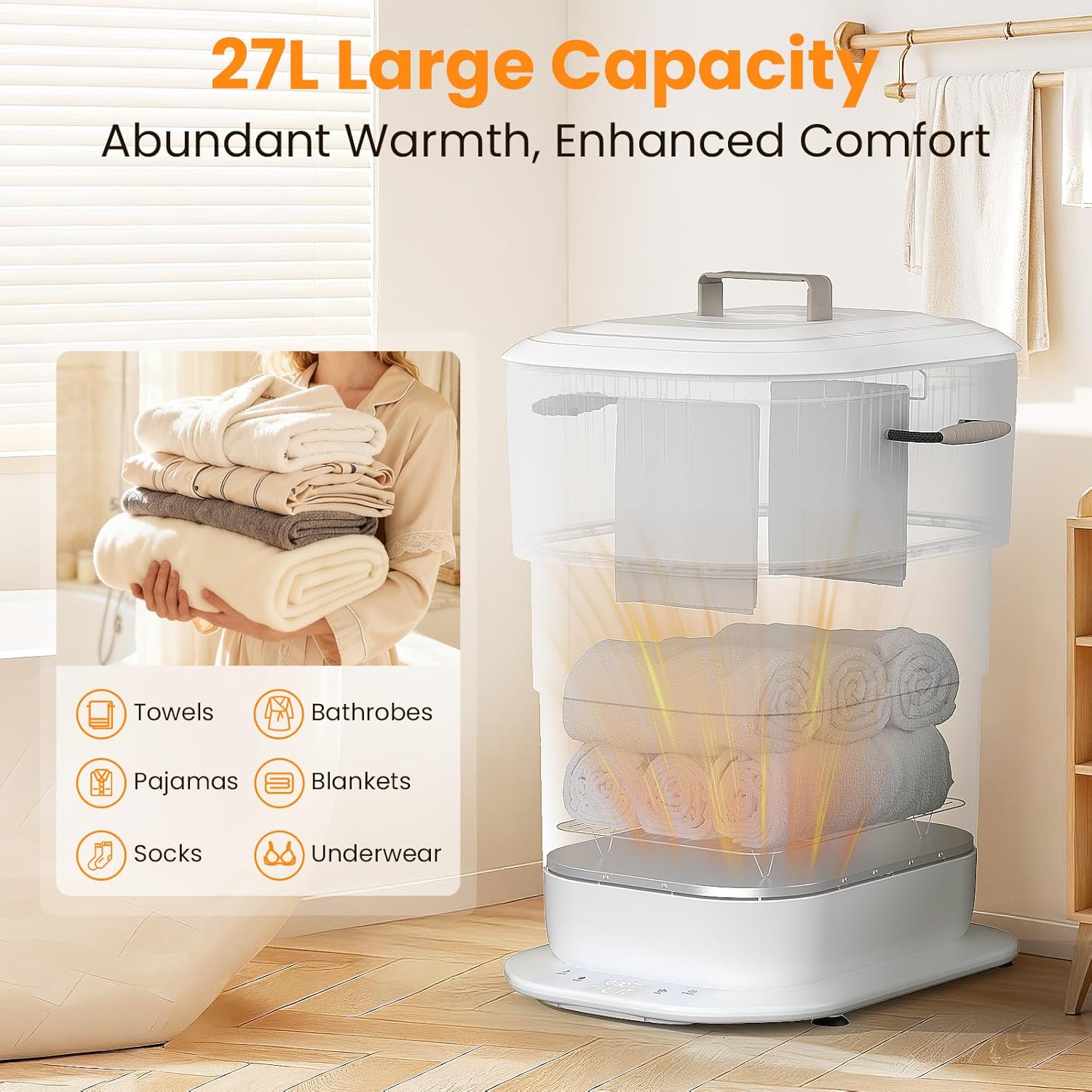 Foldable Towel Warmer 27L,Retractable Portable Towel Warmers Bucket, Time Setting & Auto Shut-Off, 3 Heat Levels with Lighting,Heats Towels/Robes/Blankets, Ideal for Bathroom