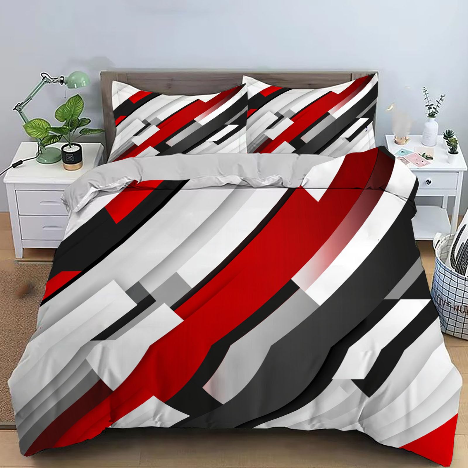 Set literie 220x240 décor abstrait rouge gris comprenant housse de couette et taies d'oreiller