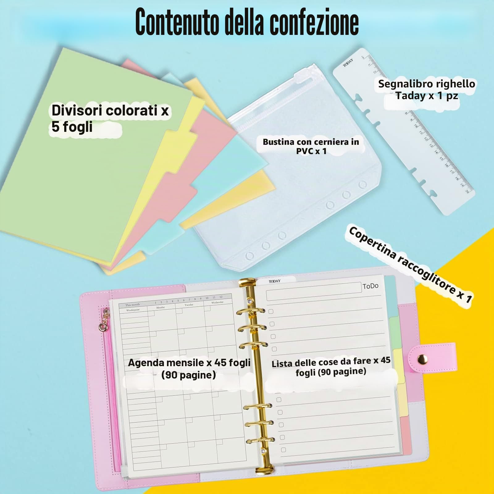Raccoglitore ad anelli A5, formato A5, ricaricabile con accessori, 6 anelli Planner Blue Refills inclusi accessori Harphia Rosa