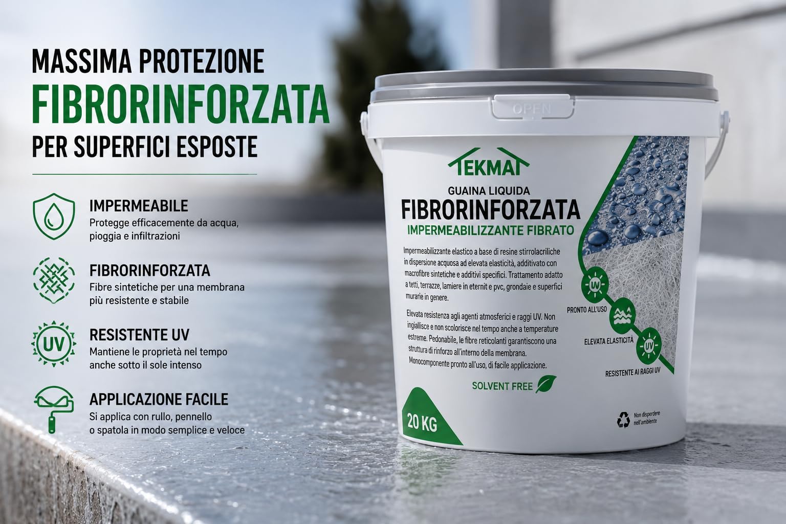 Guaina Liquida Impermeabilizzante Fibrorinforzata TEKMAT 20 kg – Membrana Elastica Calpestabile Resistente UV per Terrazzi, Tetti, Balconi, Lamiere – Monocomponente Pronta all'Uso (20 kg, Grigio)