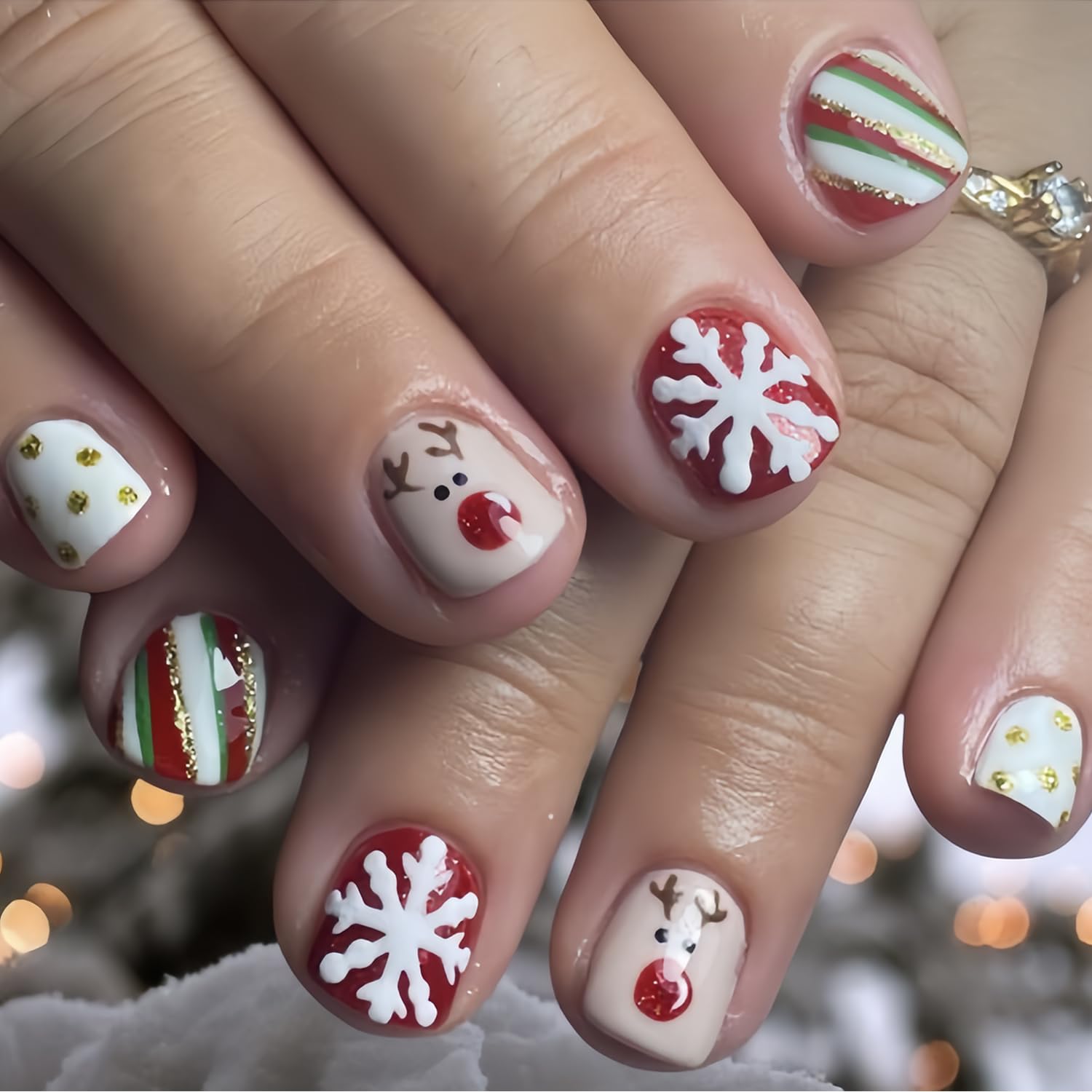 24Pcs Christmas Press on Nails Short Square - Cute Snowflake Reindeer Design False Nails for Holiday Art Decoration - Full Cover Xmas Glitter