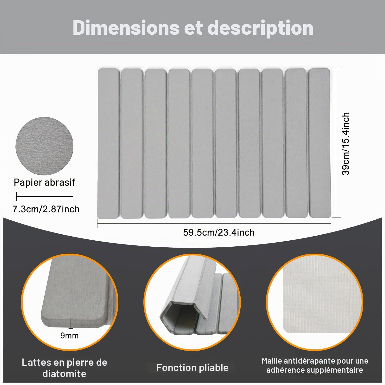 KEYCHAD Tapis de Bain Pliable antidérapant en Terre de diatomées à séchage Rapide pour Salle de Bain, Maison et Chambre Gris 59 x 39 cm