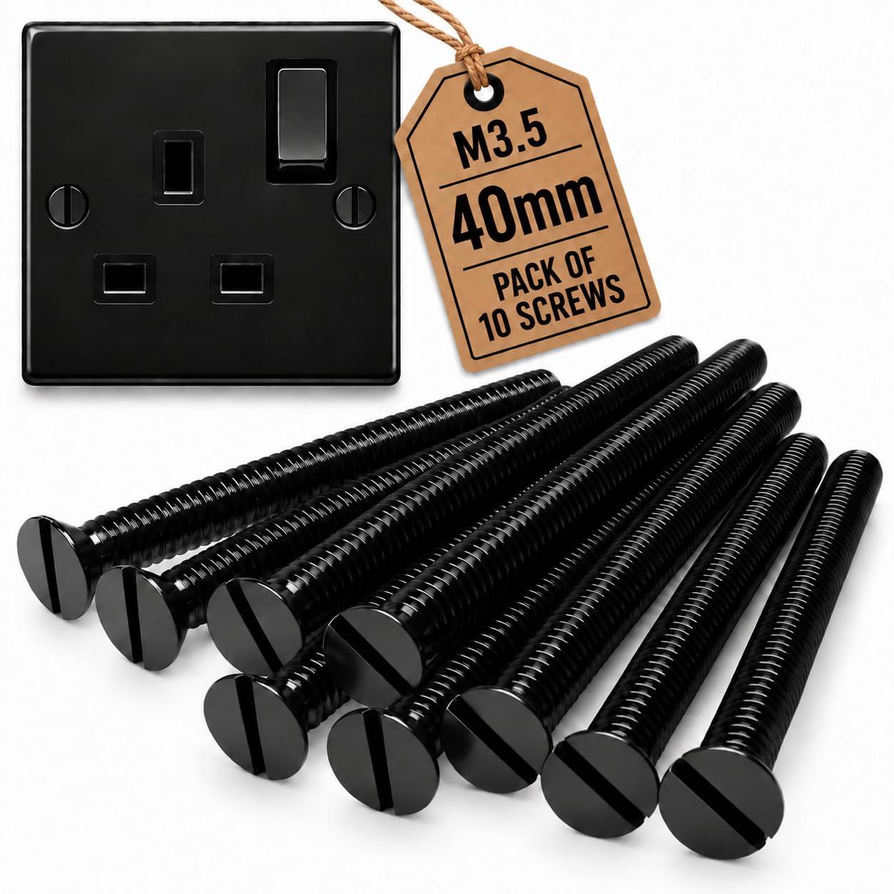 M3.5 x 40mm Black Flat Head Electrical Machine Screws - Pack of 10