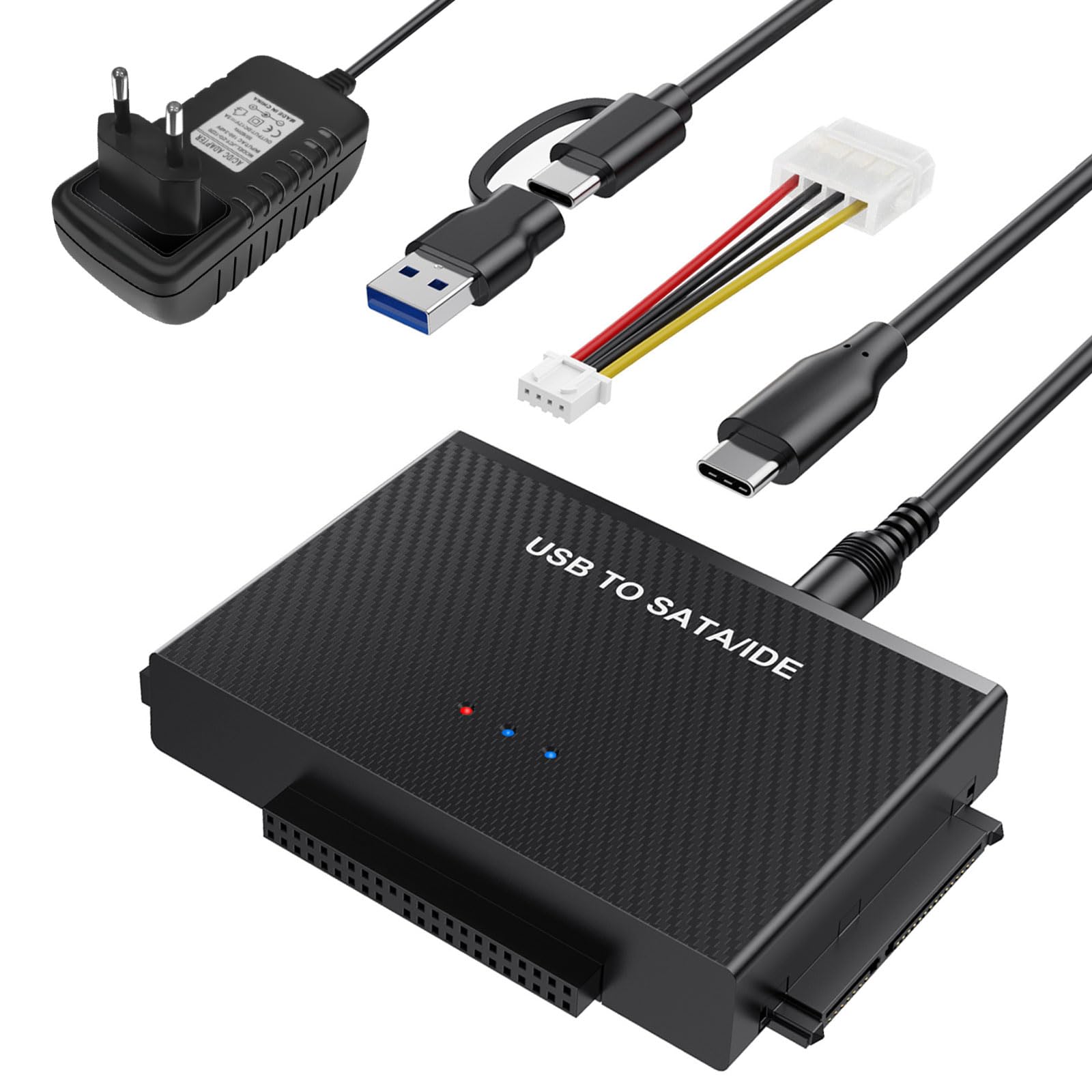 IDE adapter USB, USB 3.0, adapter do dysków twardych z zasilaczem 12 V 2 A do 2,5 i 3,5-calowego HDD/SSD, adapter IDE SATA kompatybilny z Windows 10/8/7/XP/Vista, Mac OS, Linux itp