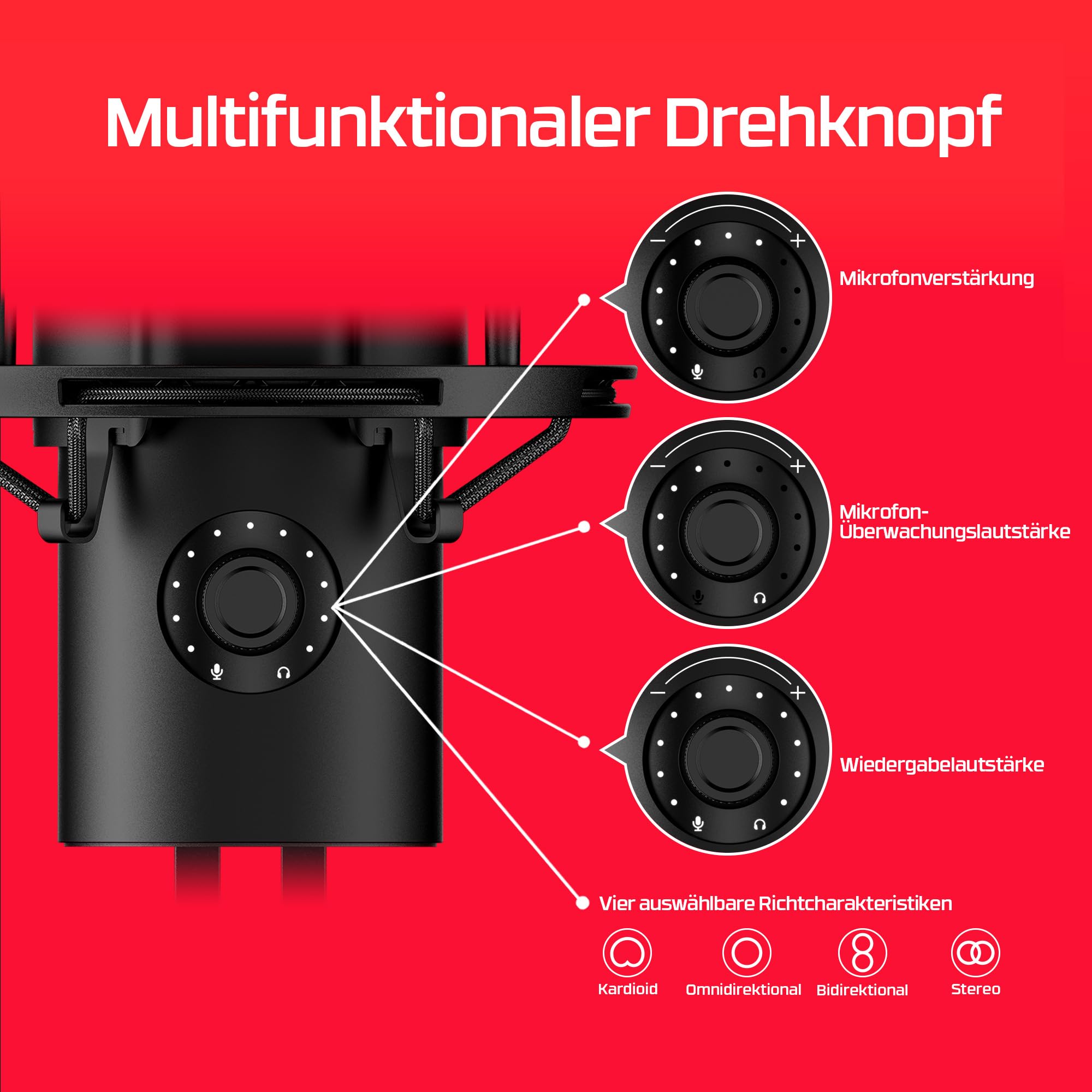 HyperX QuadCast 2, USB-Mikrofon für Gaming, Streaming und Podcasting, Tippen-zum-Stummschalten-Sensor, LED-Beleuchtung, 24-Bit/96-kHz-Aufnahmen, 4 Richtcharakteristiken, Dämpferhalterung, Schwarz