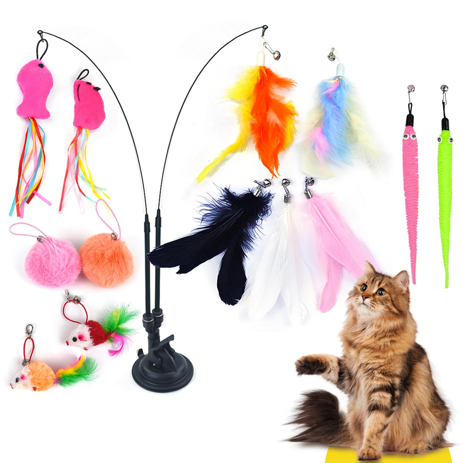 ACETEND Cat Toys,13 PCS Interactive Cat Feather Toys for Indoor with Bells, Sticky Super Suction Cup,2 Feather Wands for Chase, Jump & Play Tools for Kittens & Adult Cats