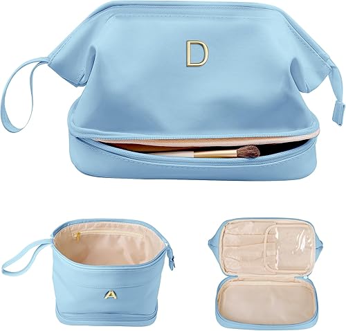 Miniatura 36 de Regalo de cumpleaños para hija - Bolso grande de maquillaje inicial, bolso cosmético personalizado de doble capa con organizador de brochas