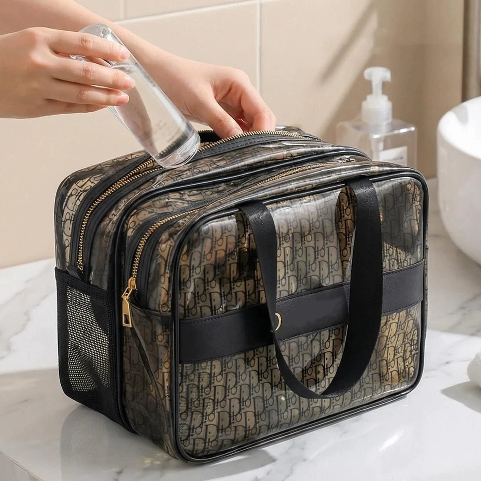 Borsa da Toilette Wash Bag da Travel Kit Viaggio, Trousse Pochette Trucchi Donna per Viaggio, in PVC Trasparente, con Scomparti, Manico Allargato, Cerniera in Metallo, Compatta