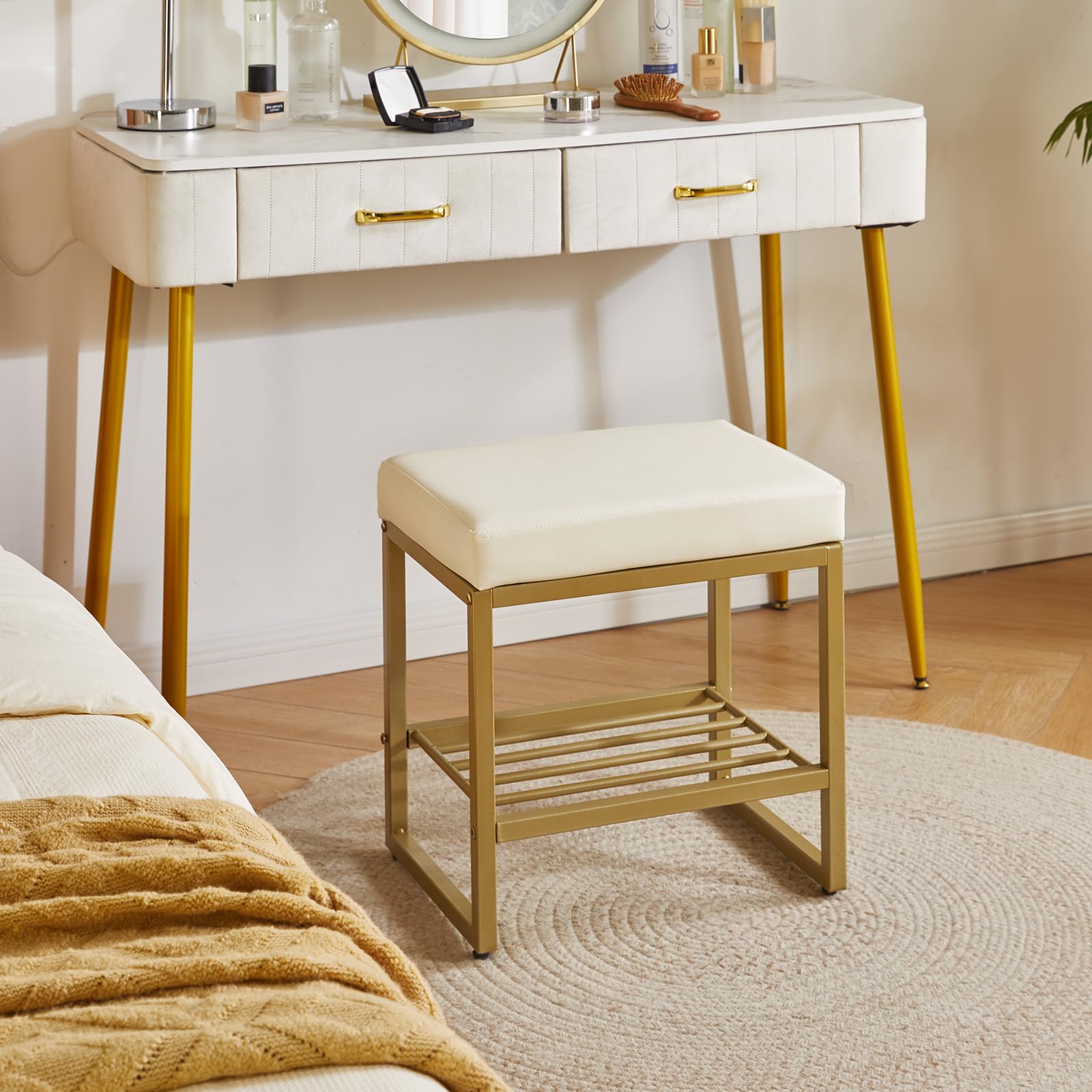 Aibiju Sgabello da Toeletta Quadrato, Sgabello da Toeletta con Piedini Regolabili e Spazio di Archiviazione, Piccolo Sgabello da Trucco per Toeletta, Camera da Letto, Soggiorno, Bianco YD-JD150W