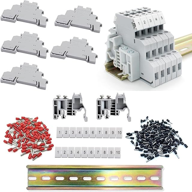 YFaith DIN Rail Terminal Blocks Kit, 5 Pcs Ground Blocks, 2 Pcs End Brackets, 2 Pcs Marker Strip, Universal 200mm Rail, 80 Pcs Black and Red Crimp Connectors, for DIY, Automation Projects