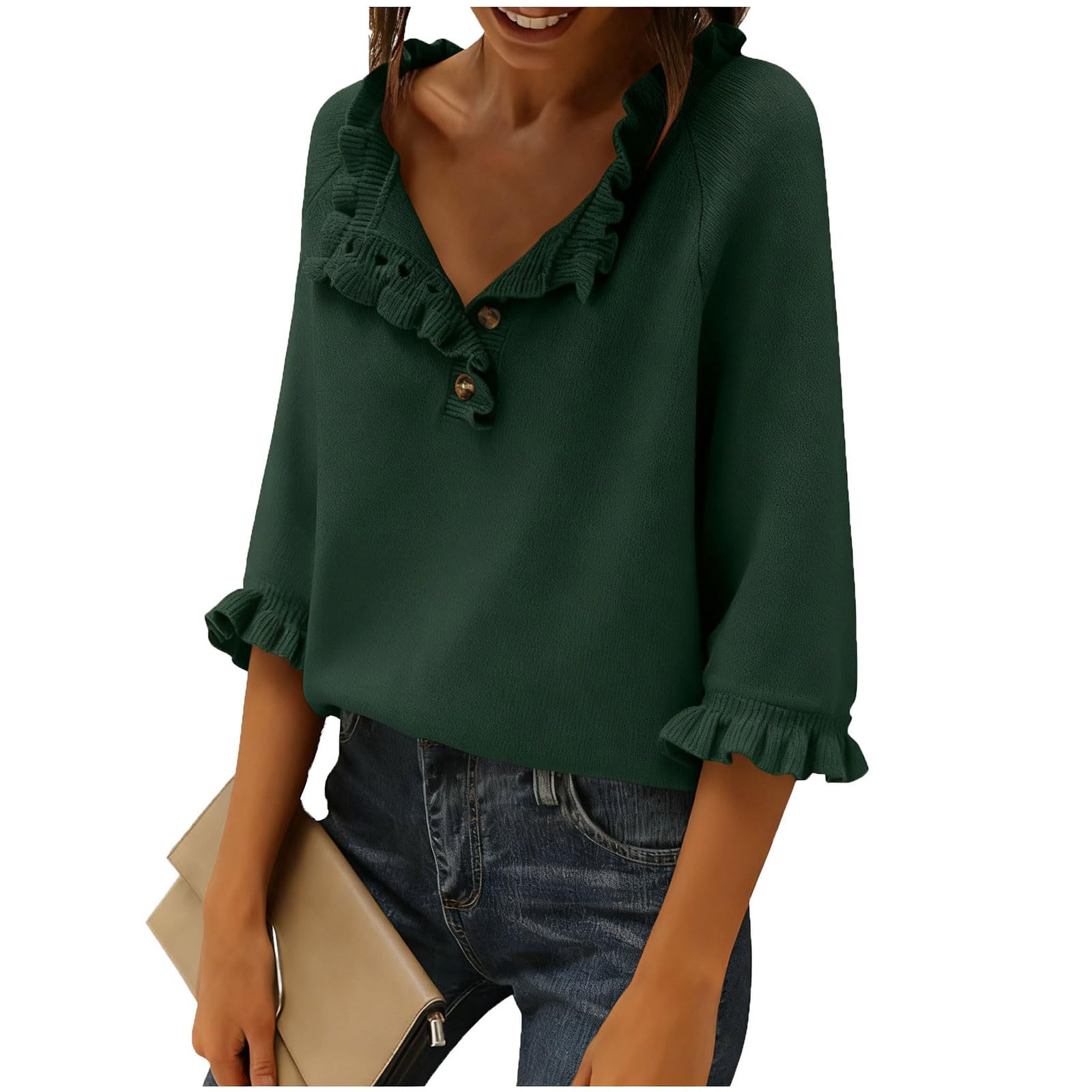 Women Plus Size Sweaters Fall Fashion Lightweight 3 4 Sleeve Button Ruffled Trim Top Pullover Casual Spring Clothes