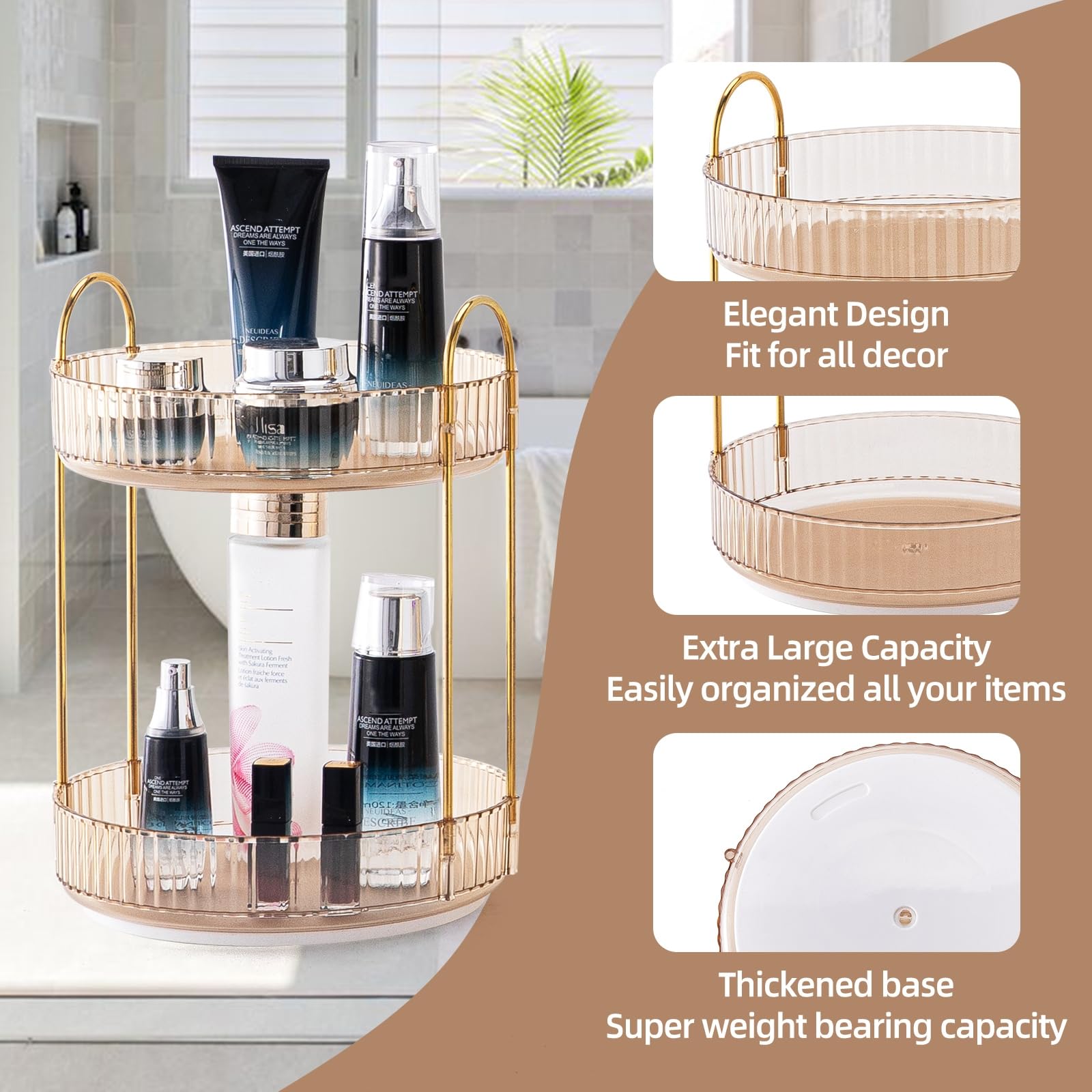 Makeup Organiser for Vanity 360° Rotating Bathroom Organiser Countertop, High-Capacity Skincare Organiser - Image 3