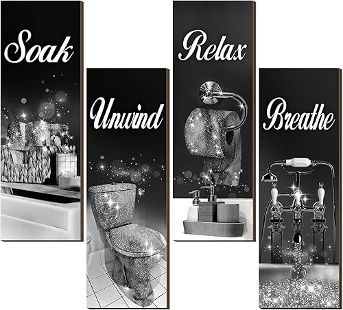 Miniatura 12 de Honoson 4 piezas de decoración de baño, arte de pared de casa de campo, baño, decoración de pared, remojar, relajarse, respirar, colgar de madera,