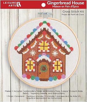 LEISURE ARTS Cross Stitch Kits, Gingerbread House, 6" Perfect Cross Stitch Kits for Beginners Adults - Stamped Kits for Adults Include Designs, Thread & Hoop Easy Crafting Fun