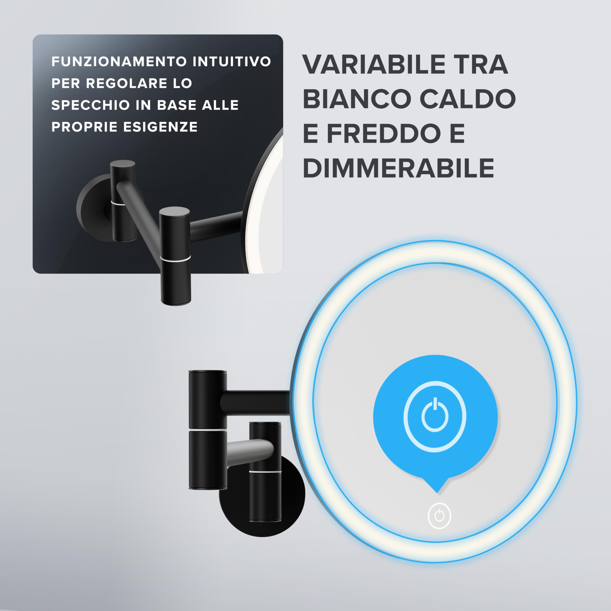 ovimar specchio cosmetico Leinoya | con illuminazione | ricaricabile | da parete per forare | in bagno | specchio ingranditore 5x | specchio per il trucco con luce | specchio a 360 gradi