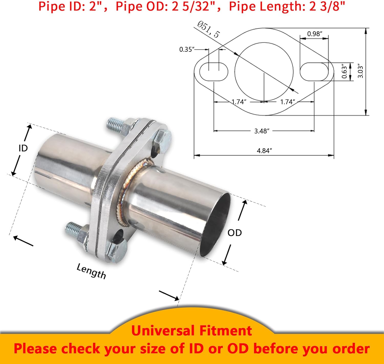 Exhaust Flange Bolts Quick Fix Repair Pipe Kit w/Gasket & Hardware, 2'' Inch ID 2 Bolts T304 Stainless Steel Universal Flange Replacement Kit