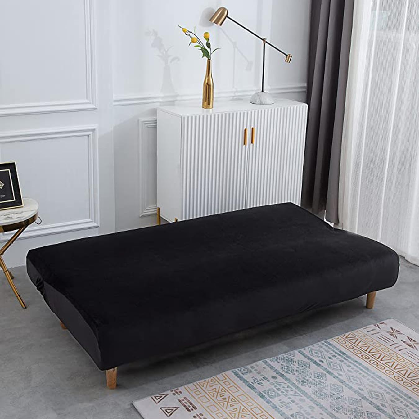 Stretch Armless Sofa Covers Thick Soft Cozy Fabric Velvet Futon Cover Armless Sofa Bed Cover Folding Futon Couch Cover Sofa Slipcover Furniture Protector Cover Without Armrests (Black)
