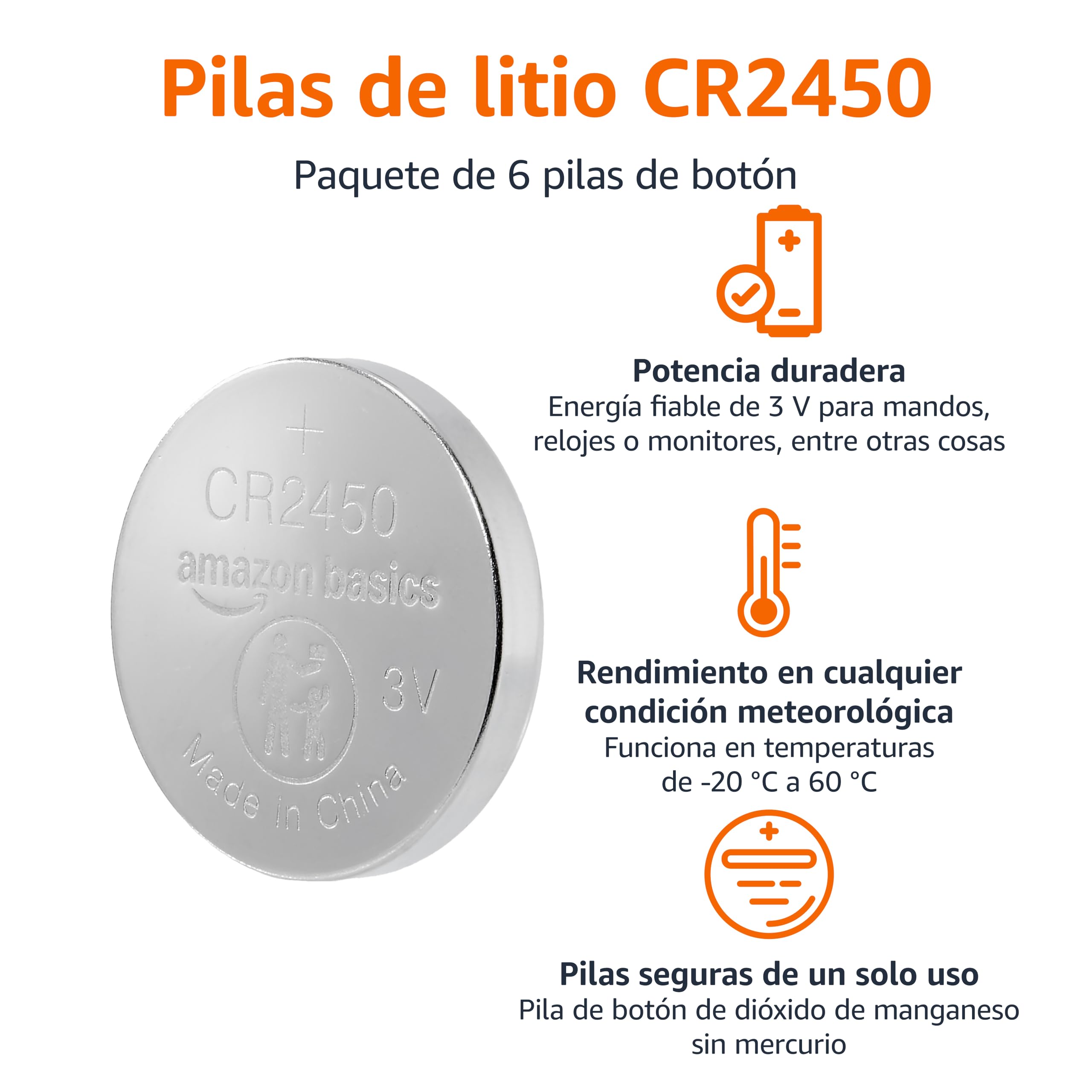 Amazon Basics Paquete de 6 Pilas de Litio CR2450, 3 voltios, Larga duración, sin Mercurio, Paquete Seguro para Niños (USA Tijeras para Abrirlo) — view 2