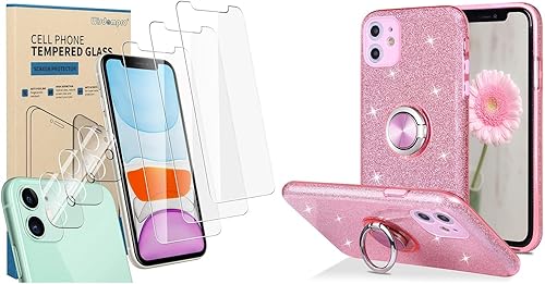 Wisdompro Protector de pantalla y protector de lente de cámara para iPhone 11, funda brillante con soporte de anillo para iPhone 11