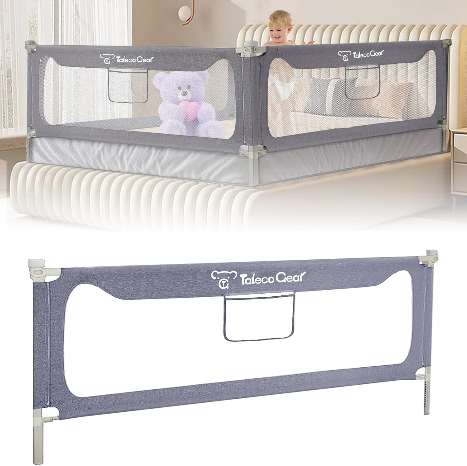 G TALECO GEAR Barrera para cama de 200 x 66 cm, barrera de cama para niños pequeños, protección contra caídas estable para niños y niñas, gris (1 pieza)