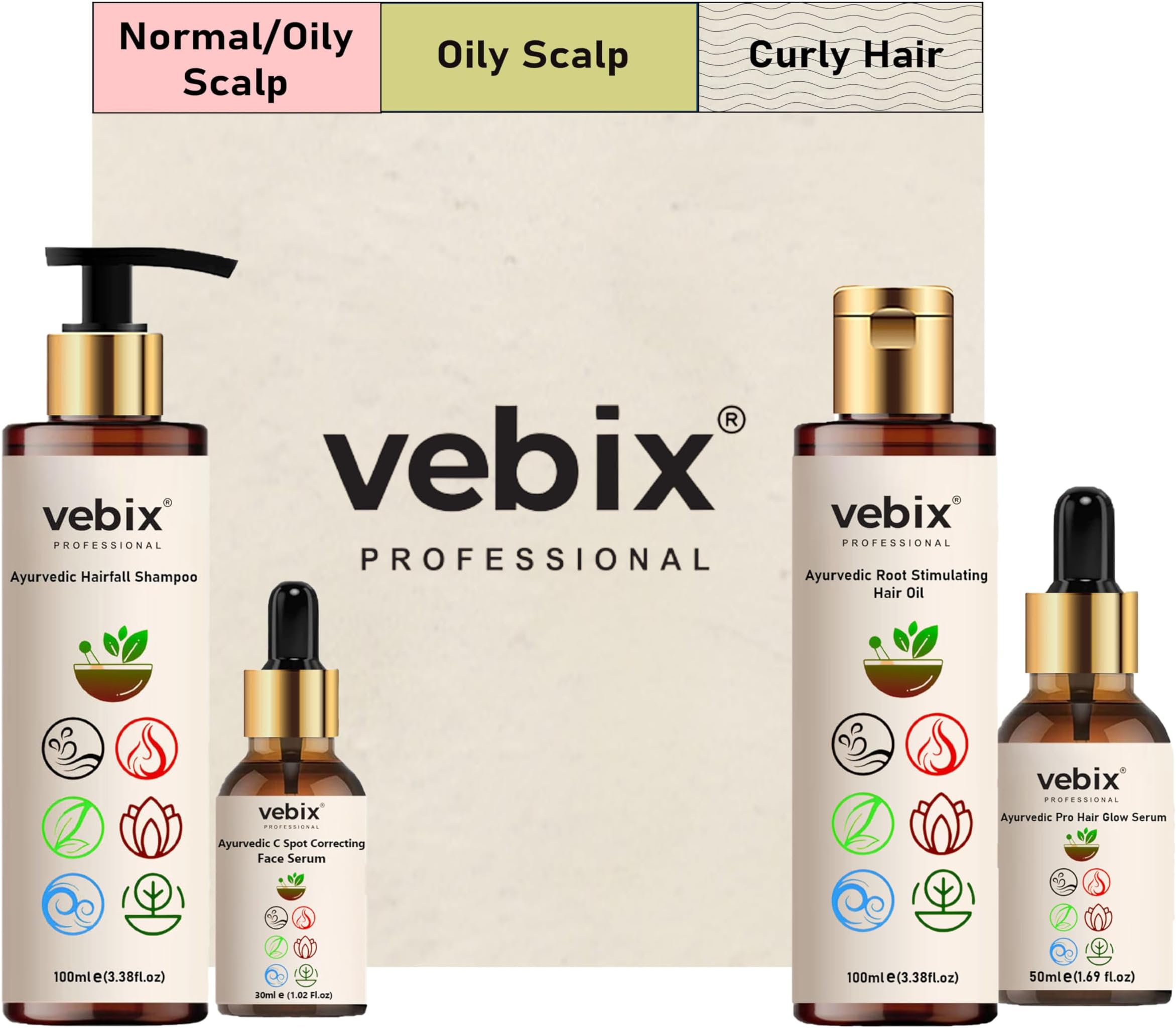 VebixProfessional Customised Regimen -4 Ayurvedic Product Kit - HairFallControl- AntiHairFall Neem Oil +Lotus AntiHairfall Shampoo + Hair Growth Serum & Face Glow Serum (280ml) (Oily Hair)