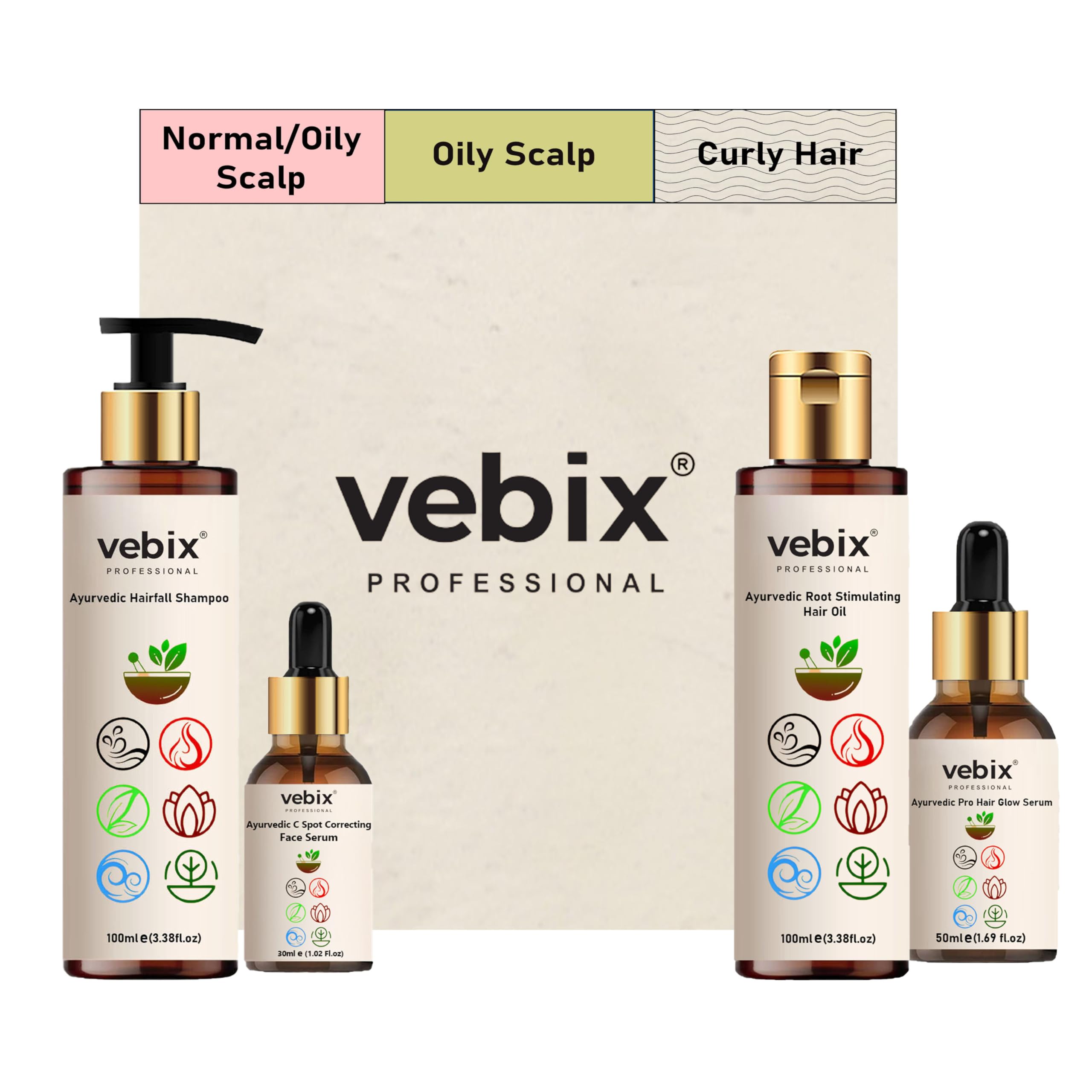 VebixProfessional Customised Regimen -4 Ayurvedic Product Kit - HairFallControl- AntiHairFall Neem Oil +Lotus AntiHairfall Shampoo + Hair Growth Serum & Face Glow Serum (280ml) (Oily Hair)