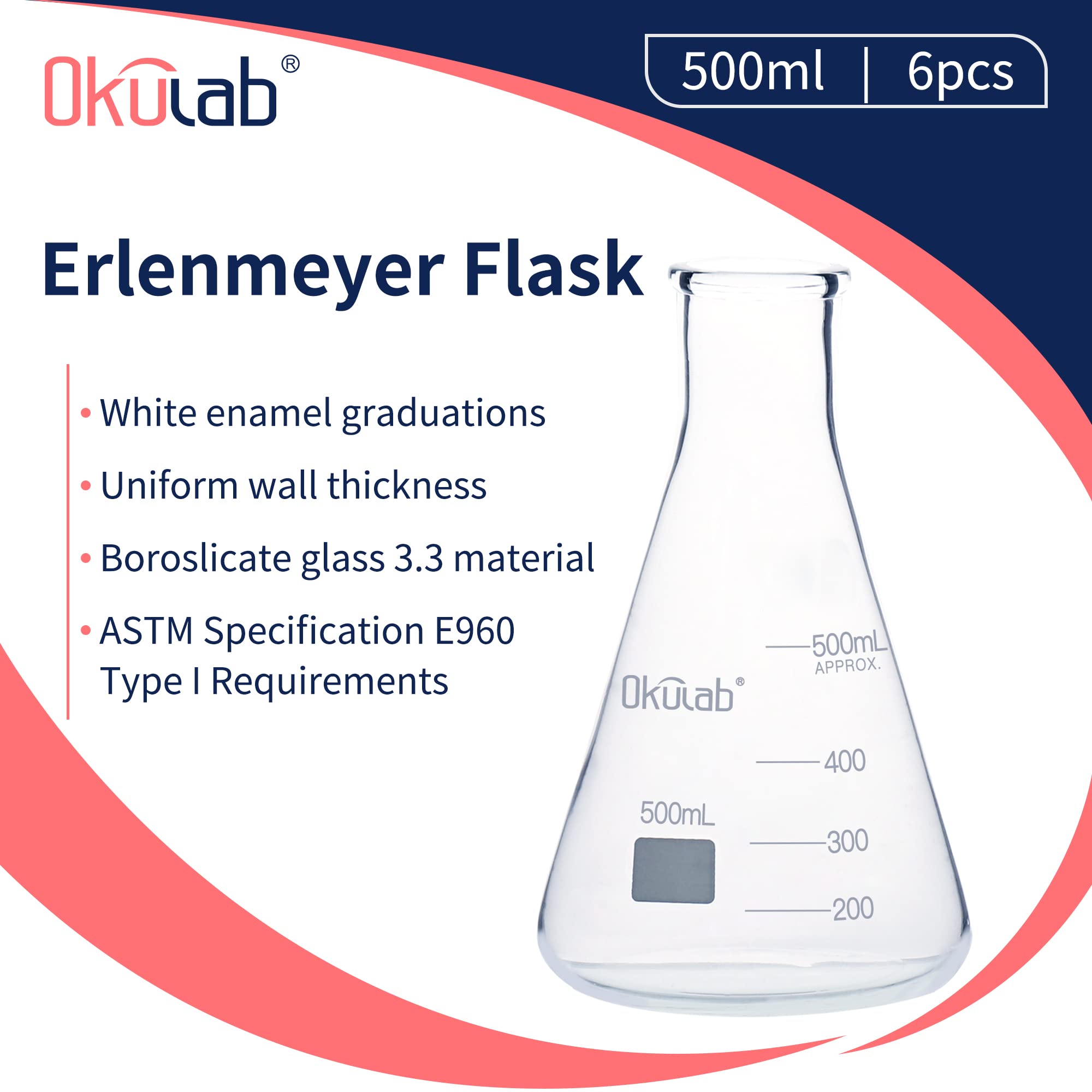 Frascos de vidrio Erlenmeyer, 6 piezas de Vol.500 ml, material de vidrio borosilicato 3.3 con graduación impresa. EFNG500A6
