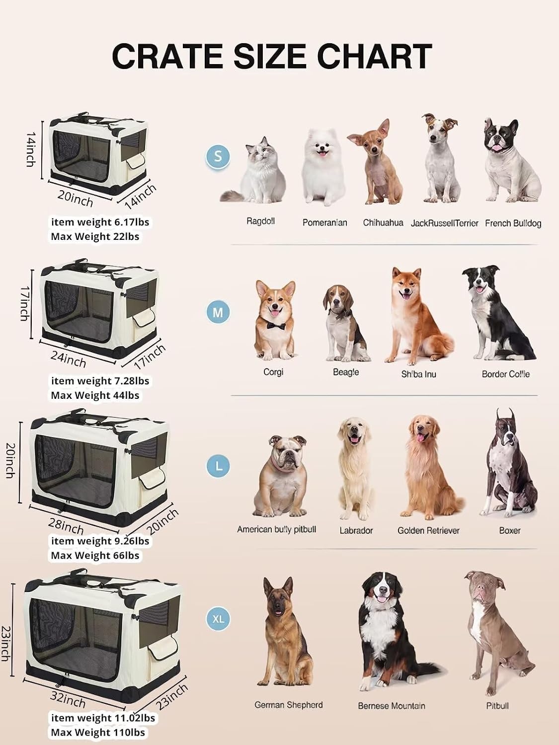 Portable Folding Soft Dog Crates for Small Dogs, 3 Mesh Doors, Collapsible Travel Kennel, Easy to Assemble, Grey, (20" x 14" x 14")