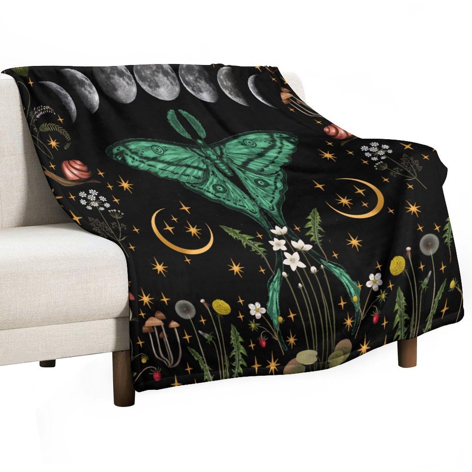 JanJCurt Moon Phase Moth Blanket, Vintage Botanical Mushroom Wildflower Gothic Night Moonlit Mysterious Witchy Throws Blanket for Sofa Bed Couch Chair
