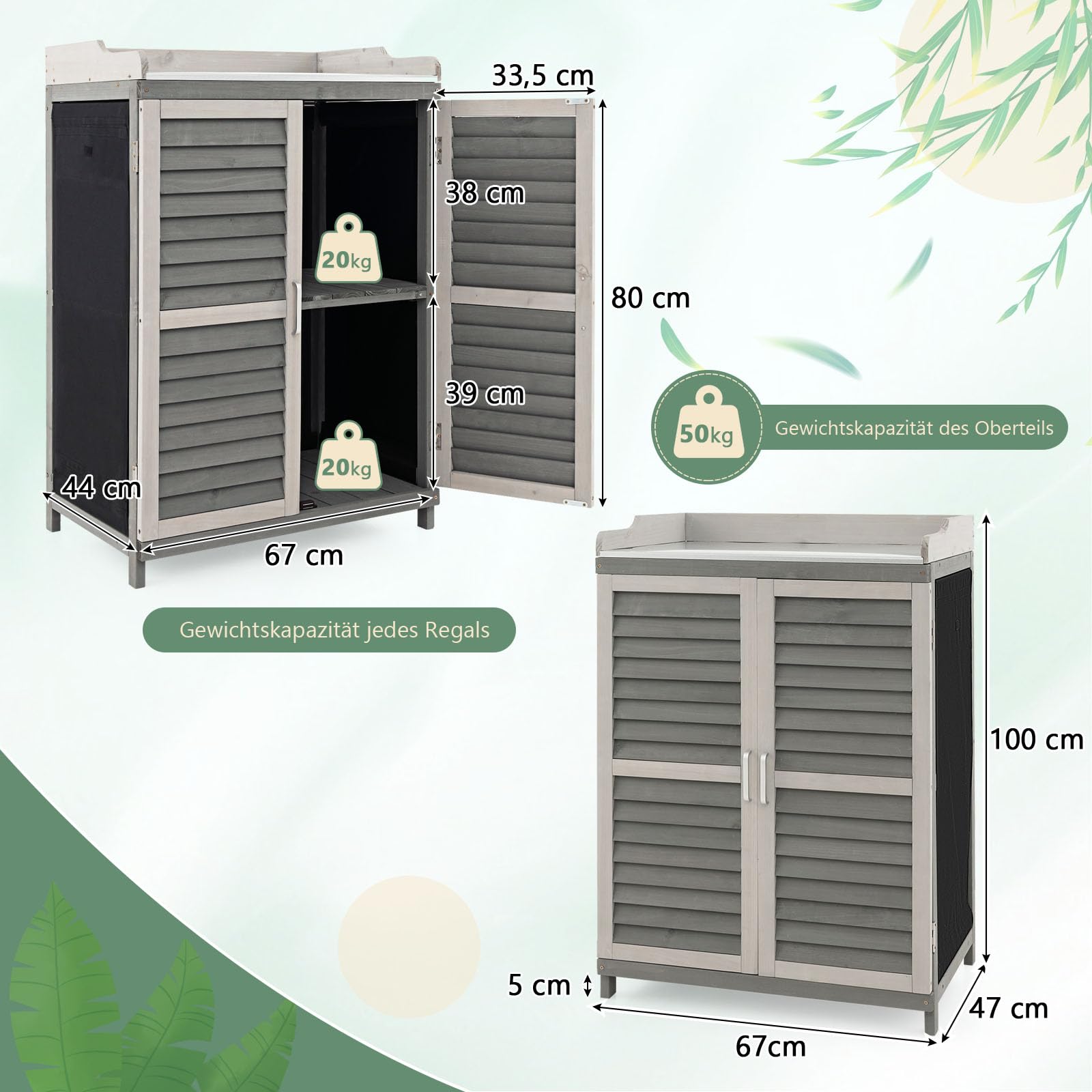 GOPLUS Gartenschrank Holz, Holzschrank mit Metalltischplatte & 2 Ablagen, Geräteschrank Gartenschuppen mit Belüftungstür, für Garten & Hinterhof, 67 x 47 x 100 cm