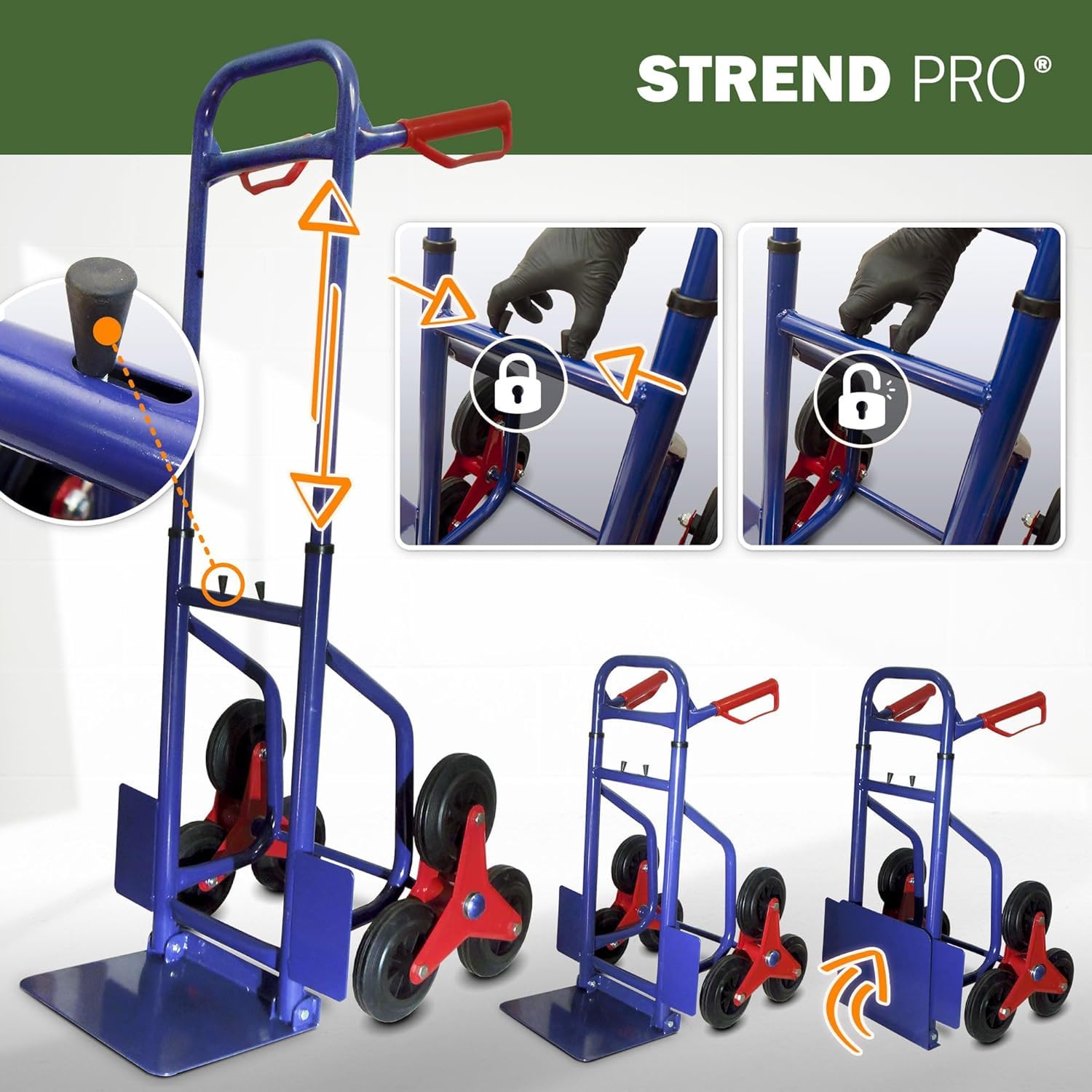 STREND PRO Carrello per Scale Pieghevole 200 kg | Carrello con Ruote per Scale | Piccolo Carrello Saliscale | Carrello Portapacchi per Scale | Aiuto al Trasporto per Lavatrici | Carello Porta Casse