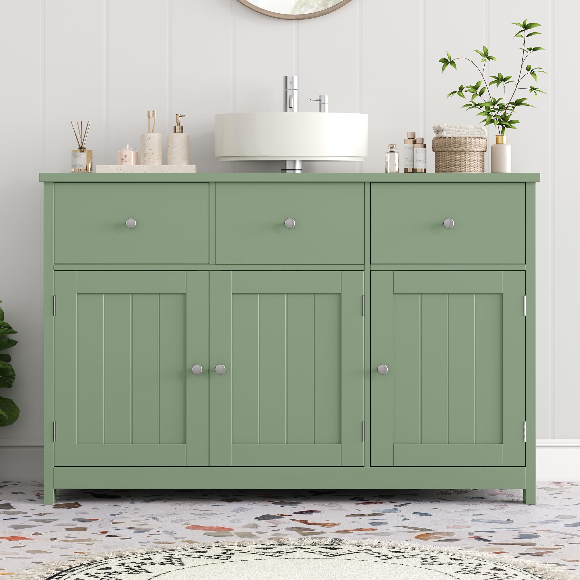 FOREHILL Meuble sous Lavabo 100cm, Meuble de Salle de Bain sous Vasque, Meubles de Salle de Bain Rangement avec 3 Portes 2 Tiroirs sur Pieds 100x30x61cm Vert