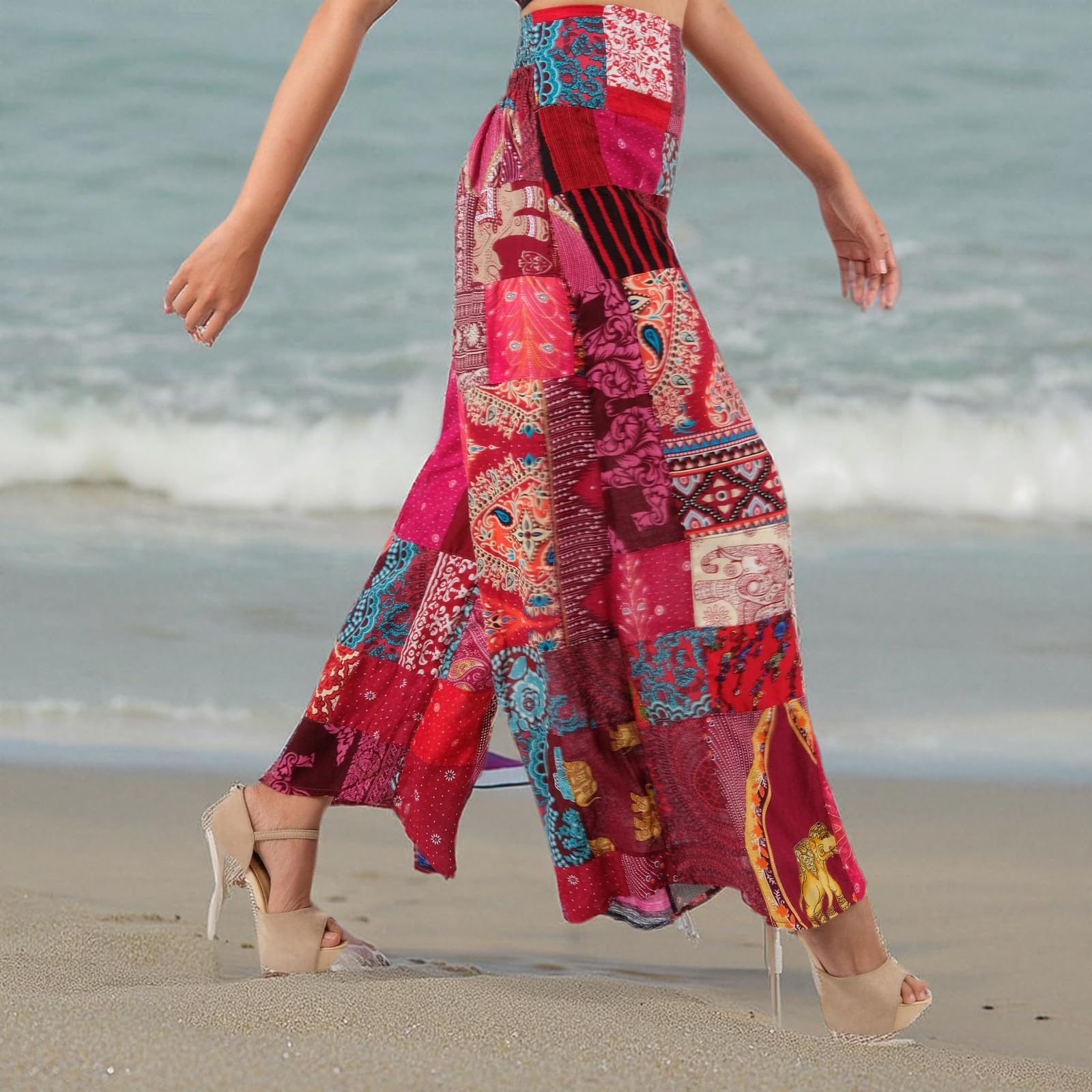 Lofbaz Damen Patchwork Weitbein Palazzo Hose Yoga Hippie Haremshose