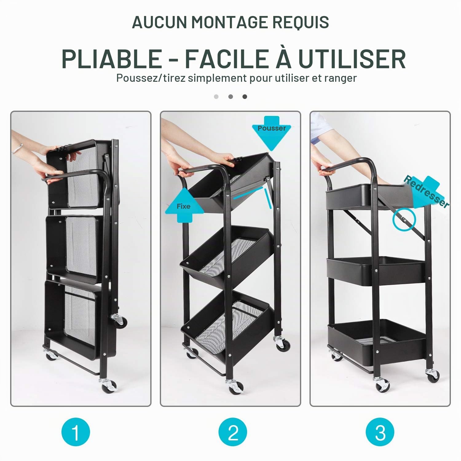 Dripex Desserte à roulettes Pliante à 3 Paniers de Rangement - Noir