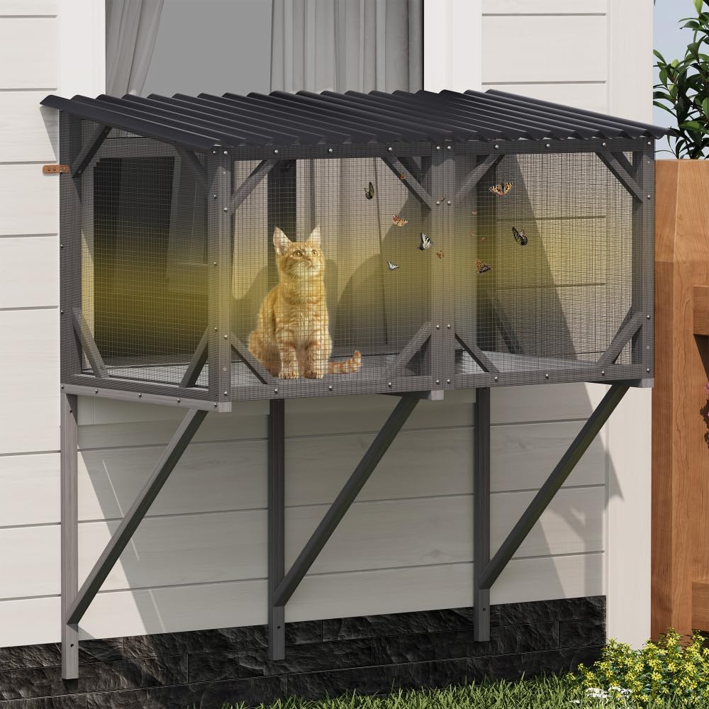 Cat Window Perch for Large Indoor Cats - Spacious Wooden Cat Catio with Mesh Enclosure for Safe Outdoor Viewing and Sunbathing (Grey + Plastic + Wood+Metal + PPE)