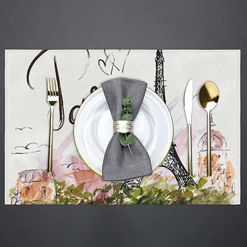 Miniatura 5 de Juego de 6 manteles individuales cuadrados de tela Tower Paris para mesa de cocina, resistentes al calor, fáciles de limpiar, 12 x 18 pulgadas