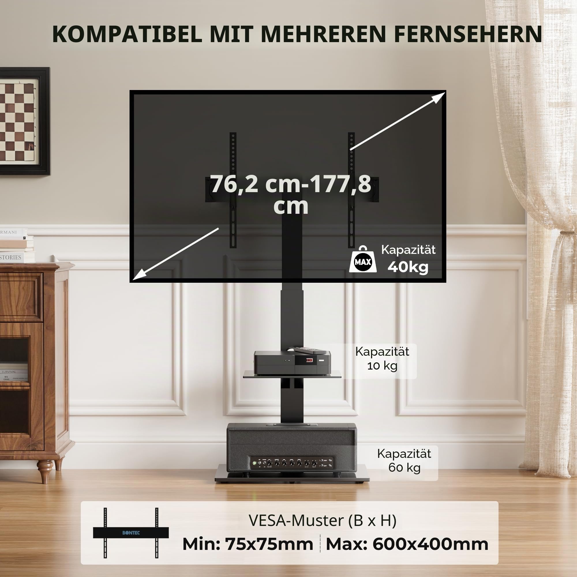 BONTEC TV Ständer für 30-70 Zoll Fernseher, 2 Glasablagen, bis zu 40 kg