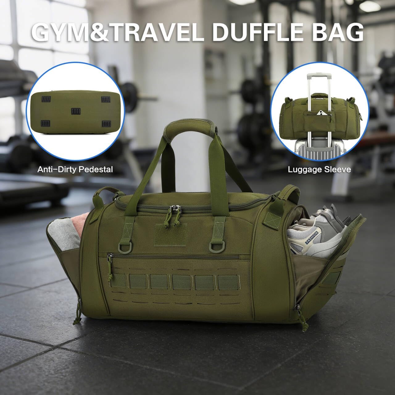 Tactical Gym Bag for Men 45L Military Sport Duffle Bag with Shoe & Laptop Compartment Travel Duffel Bag for Women Weekender Overnight Bags for Fitness Workout Basketball Football, Green