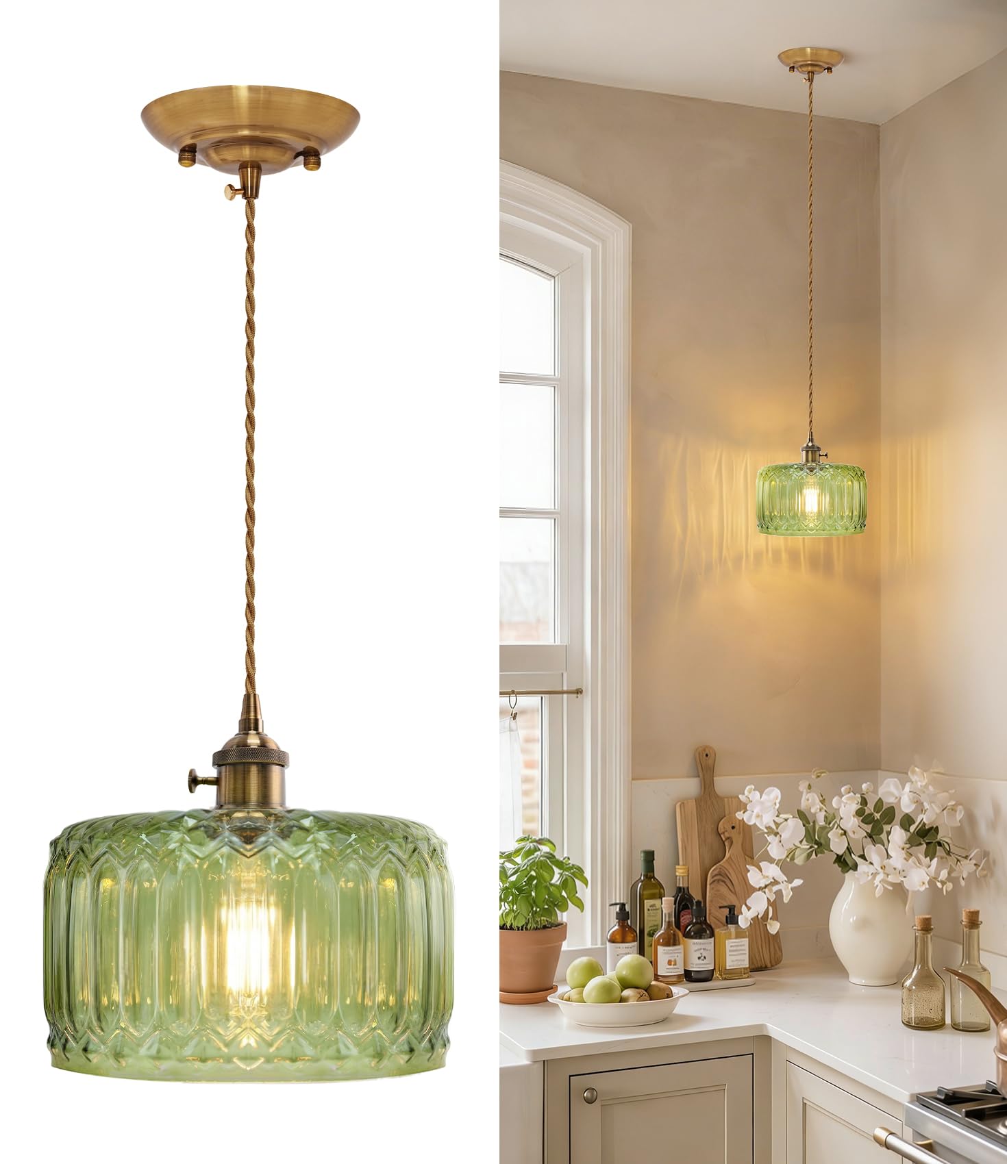 Photo 1 of OYKYOHEI Hand-Blown Green Glass Pendant Light–Vintage Hardwired Hanging Ceiling Fixture with Adjustable Cord,Gold Accents Mid-Century Modern Farmhouse Style for Kitchen Island Sink Dining Room