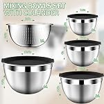 Mixing Bowls with Lids Set, Stainless Steel, 4.5, 2.5, 2, 1.5QT, Black | Includes Colander, Includes Strainer, Serving Bowl, Kitchen Gift