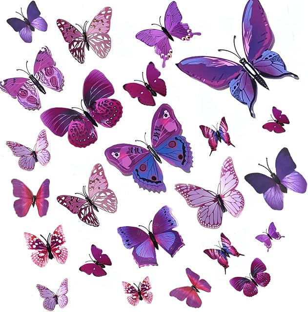 24pcs 3D Butterfly Wall Stickers Butterfly Decoration for Bedroom Party Cake Decors for Girls & Boys (Purple)