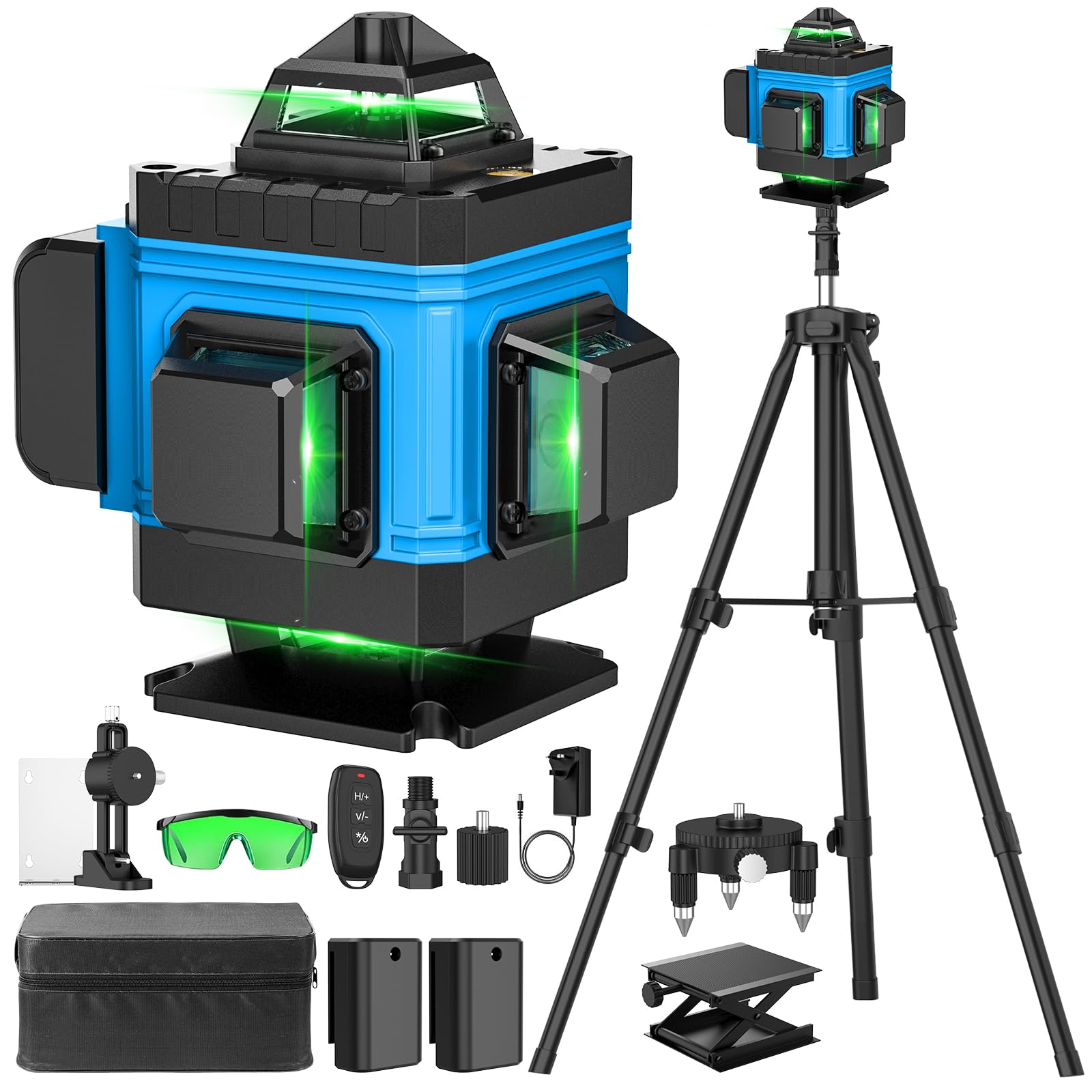 Yuyanti Blue-With Tripod Base Laser Level With Tripod Self Leveling 4X360°, 4D 16 Lines Green Laser Level With 2 X 2400Mah Batteries, Adjustable Tripod, Swivel Base Remote Control Wall Bracket, Ip54 Waterproof And Dustproof(Blue)