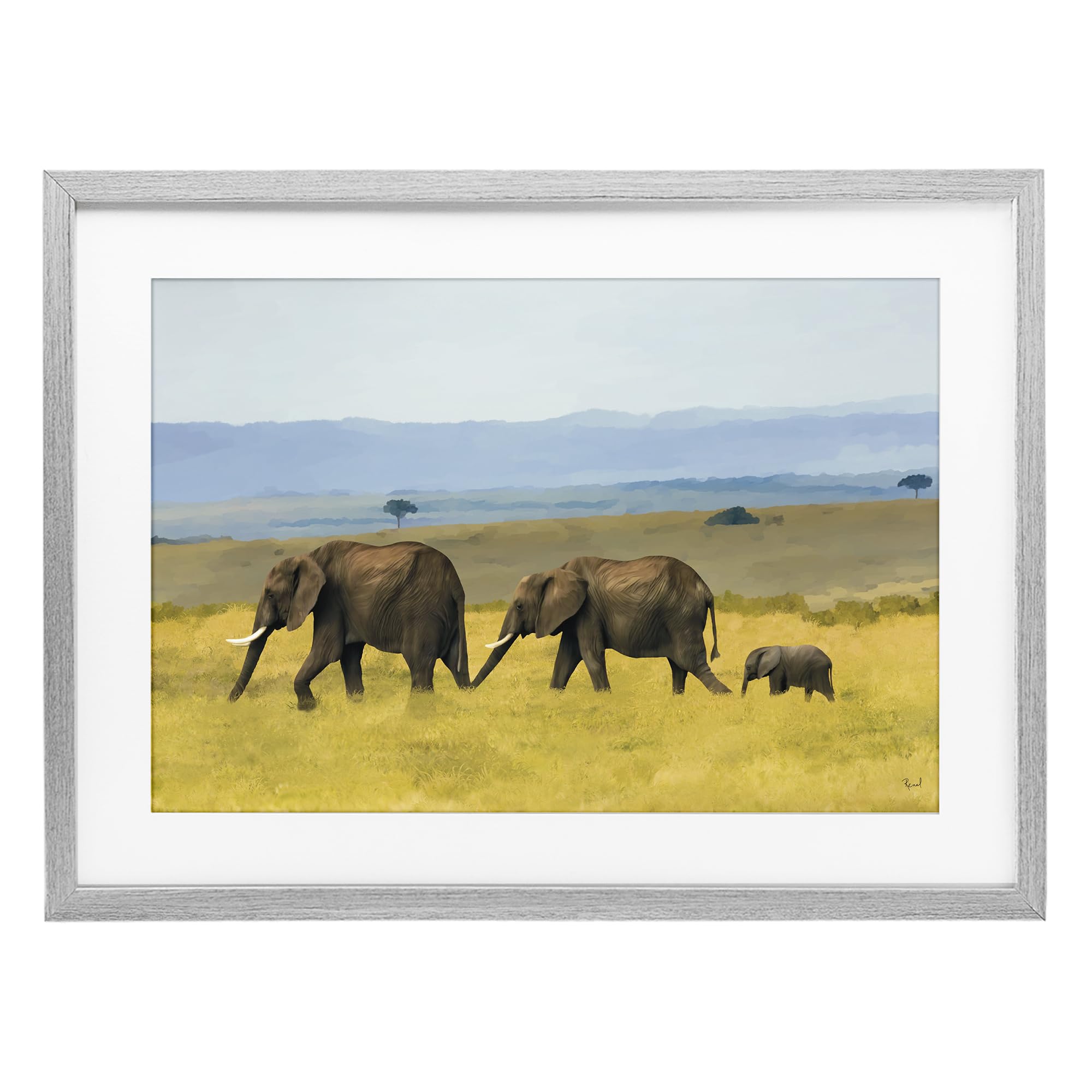 Stupell Industries Farmhouse Gray (Textured) Elephants In The Grassland Safari, 14 X 20 Inch Framed Print Under Glass